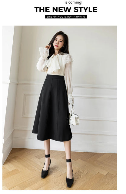 Women's Skirt 2025 Spring Women High Waist Solid Vintage Girl's Waist Down Skirt Knee-length A-line Fashion Thin Skirt for Women