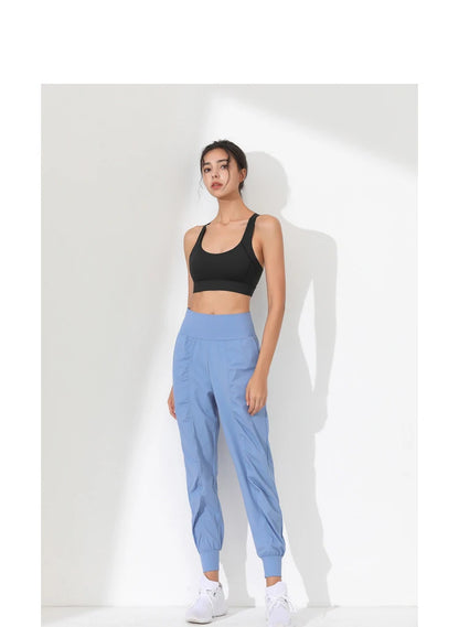 Woman Yoga Pants Hem Bound Running Fitness Loose Slim Quick-Dry Yoga Pants Pleated  Capris Pockets Jogging Pants Sports pants