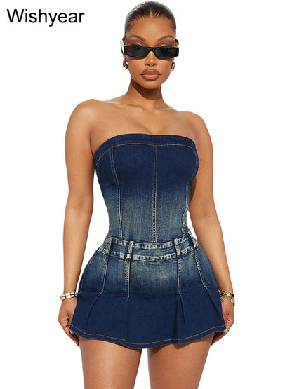 Sexy Blue Denim Strapless Skirts Shorts Women Summer Off Shoulder Jean Playsuits Rompers Streetwear Beach Club Short Jumpsuits