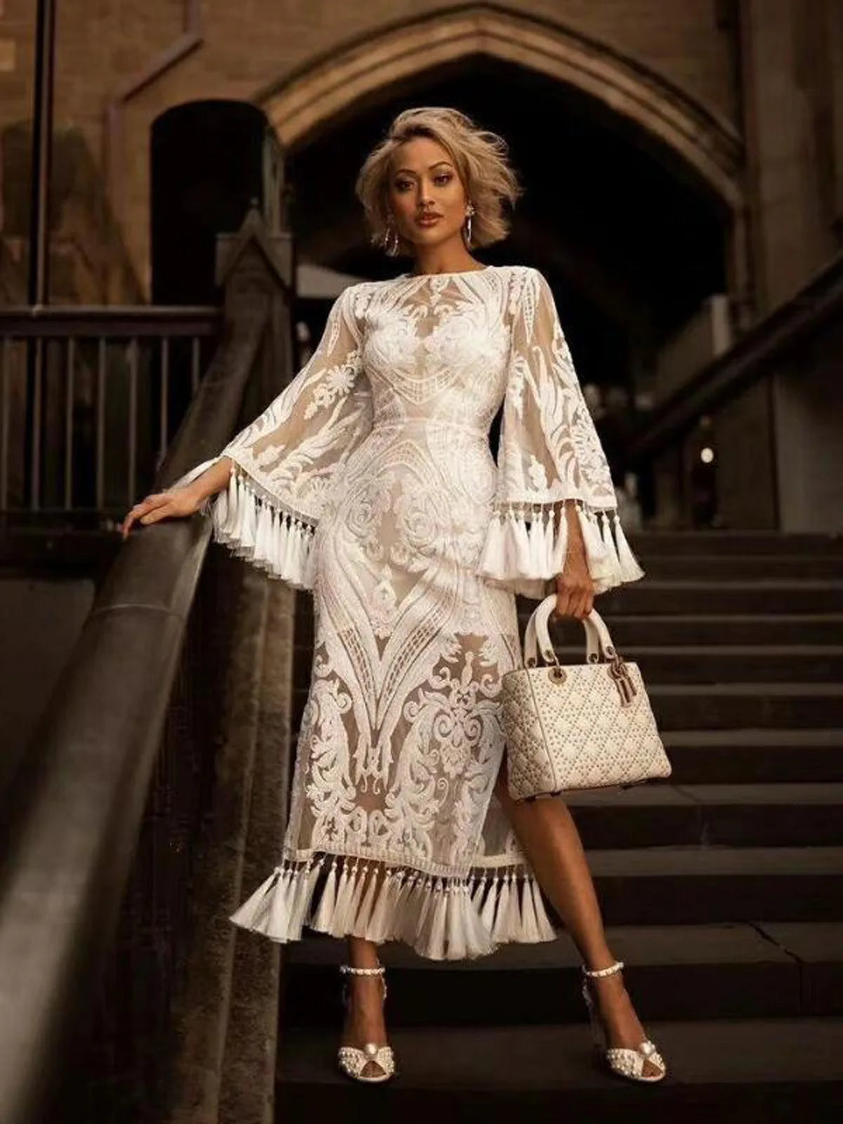 Elegant Long Dresses for Women Banquet Evening Dress Lace Embroidery Fringe Sexy Dress Vintage Wedding Party Prom Robe Vestidos