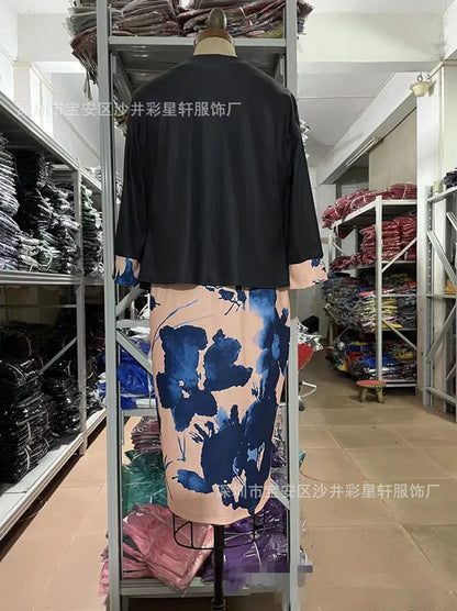 New Women Dress Sets Elegant Print Floral Higt Waist Wrapped Hip Dress and Solid Color Cardigan Tops 2 PCS Suit Office Lady Sets