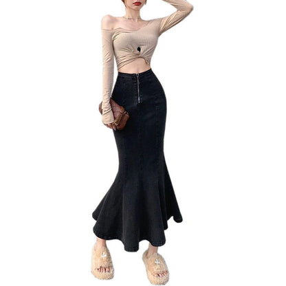 Long Denim Skirt for Women High Waist Autumn Blue Slim Jean Fishtail Skirt Korean Fashion Skinny Solid Elastic Slit Skirt Women