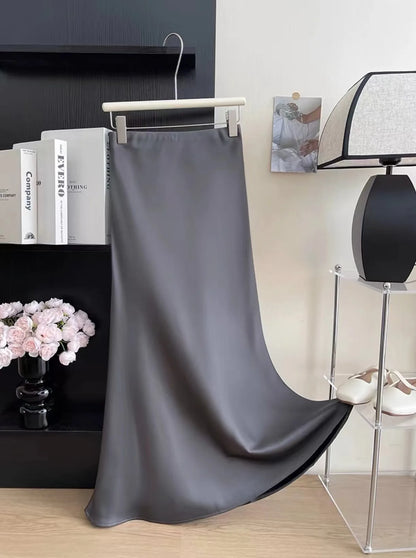 Long Skirts for Women High-waisted Thin Satin Acetate Silky Fishtail Skirt Korean Fashion Clothing Elegant Women's A-line Skirt