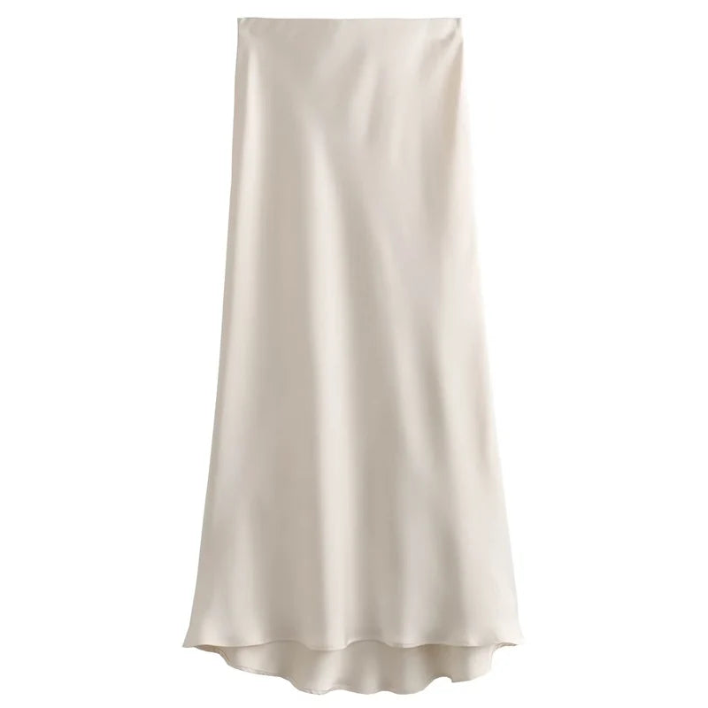 TRAF Women's Skirt Summer Elegant Satin Skirt Stylish Lady High Waist Skirts Cylinder Green Black Skirt Woman Office Street Wear