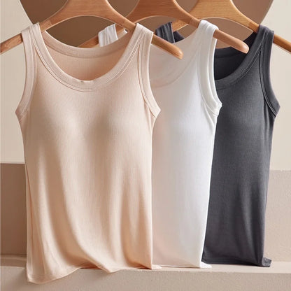 Women's Vest Tops With Built In Bra Neck Vest Padded Slim Fit Tank Tops Sexy Shirts Feminino Casual Underlay Shirt Slimming