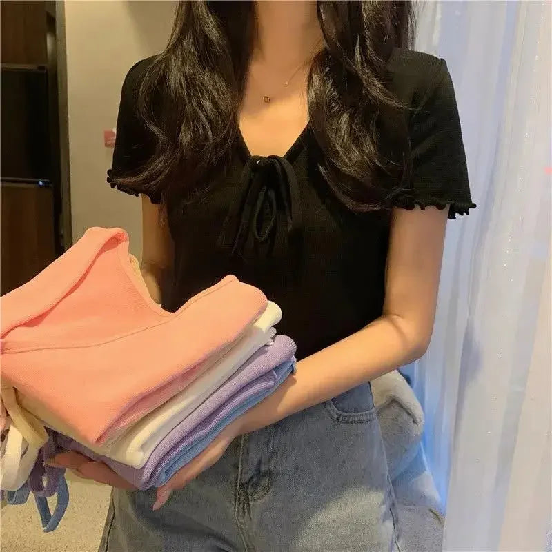 Tops Woman Short Sleeve T Shirt for Women V Neck New in Knitwears Plain Sexy Crop Korean Fashion Reviews Clothes Many Polyester