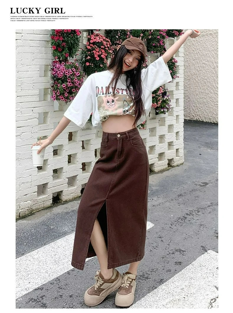 Casual High Quality Maxi Denim Skirts for Women Summer 2025 Fashion White Jeans Dress Long Y2k Medium-length A- Line Skirt Denim