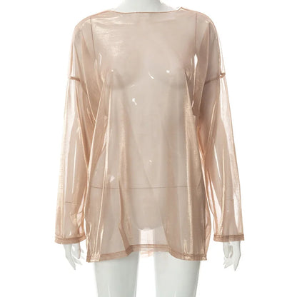 See Through T Shirts For Women Y2k Clothes Sexy Crop Tops Long Sleeve Oversized Tshirt O-Neck Club Outfit Reflective Egirl Tees