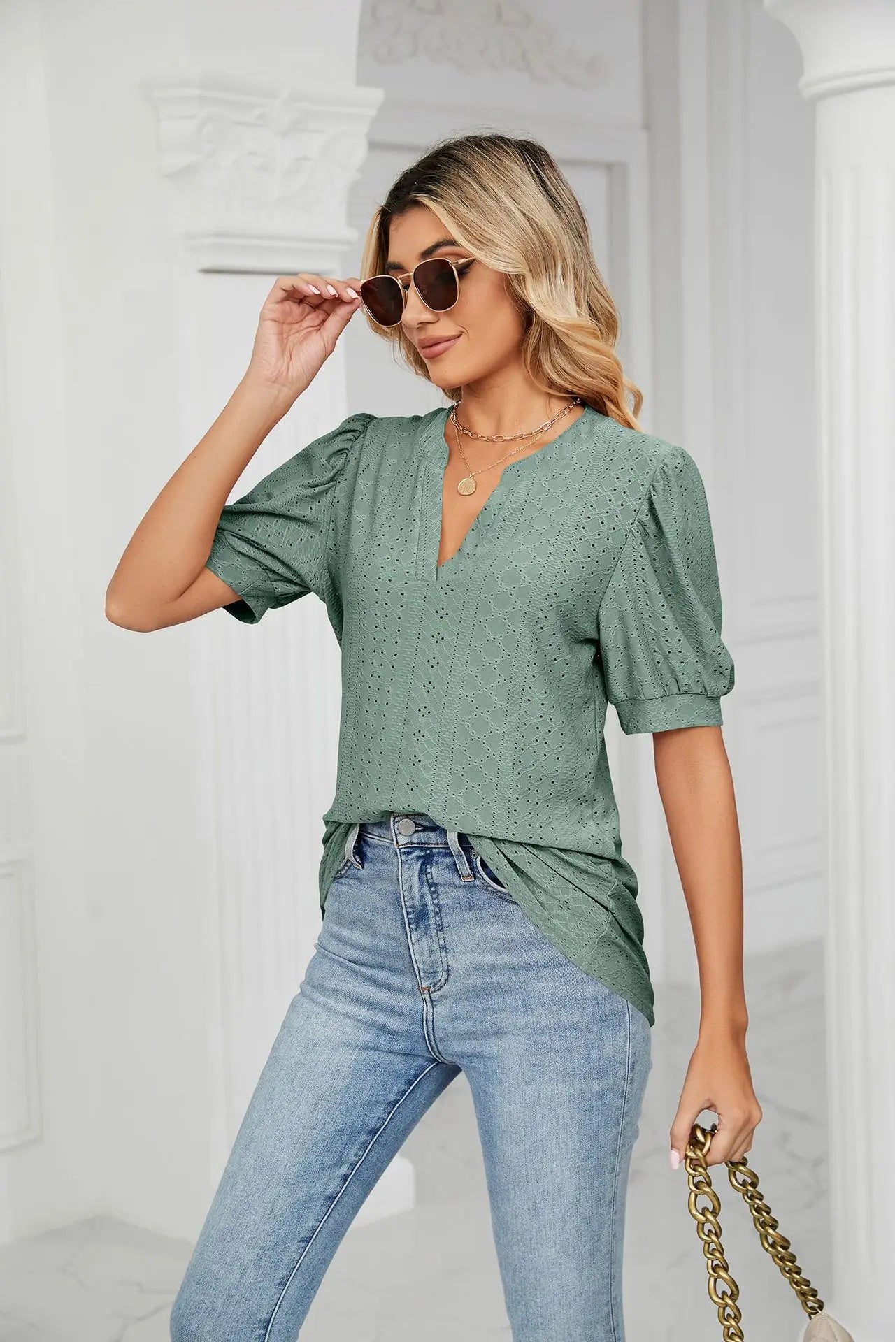 Womens Tops V Neck Ruffle Sleeve Blouses Short Sleeve Casual Tops T-Shirts for Women Autumn Winter