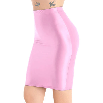 Mini Skirts Skirt For Women Autumn Bodycon Clubwear Glossy Shiny Stretchy Summer Tight Fitting High Waist Knee-length