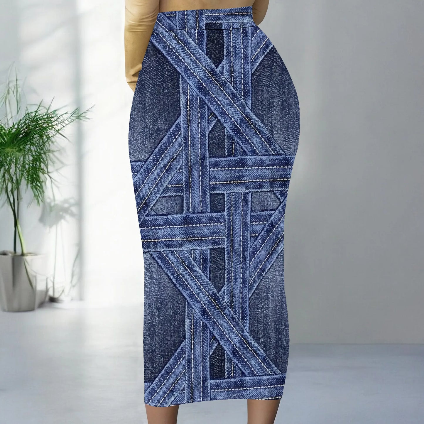 Womens Long Cotton Patchwork Stretch Denim Skirt a Line Flared Jean Maxi Skirt