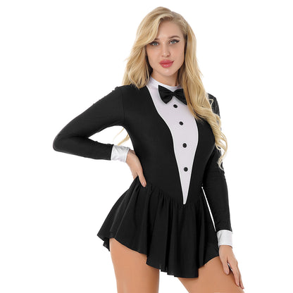 Women Waitress Cosplay Costume Dancewear Long Sleeve Ballroom Latin Dance Dress Bowknot Ruffle Tuxedo Leotard Dresses Clubwear