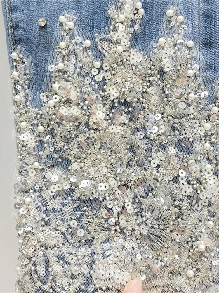 Women's Jeans High Waist Slim Hollow Out Lace Flowers Sequins Stretch Denim Pencil Pants 2025 Summer New Fashion