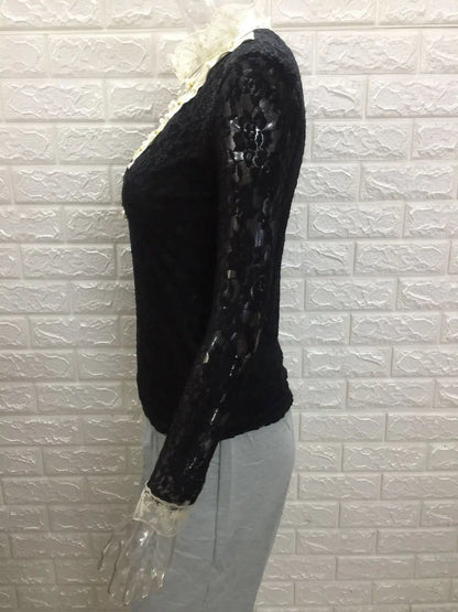 Women T Shirts Vintage Spring Winter Tees Autumn Lace Beads Hole Sexy Tops Warm Blouse Top Casual Full Long Sleeve Shirt