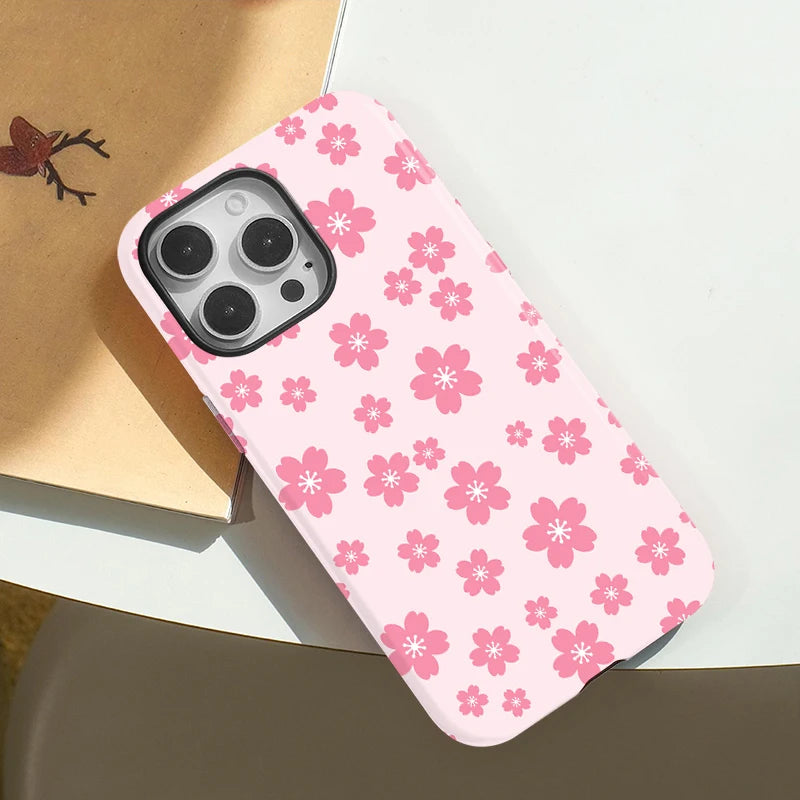 Pink Flower Pattern Case For iPhone 16 Pro Max 15 14 Plus 13 12 Pro 11 Luxury Magnetic Double-layer Shockproof Back Cover