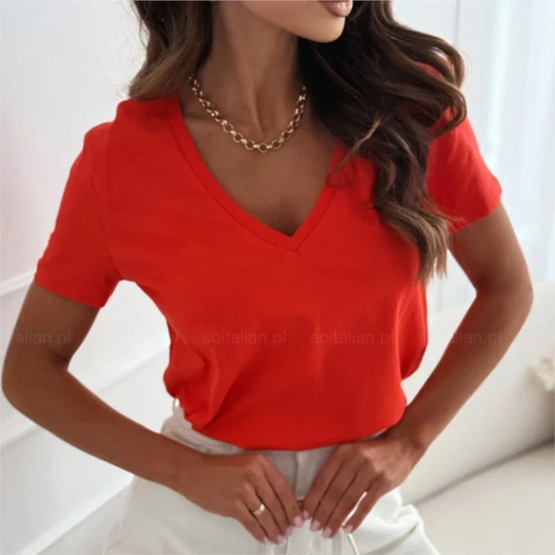 Women's Blouses T-shirt New Fashion Summer Pullover Tops White Short Sleeve Slim Fit V-Neck T-Shirt For Women Casual Clothing
