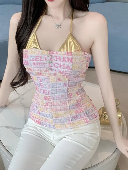 Women's top 2025 summer chic sexy socialite style pink Twed design sense strapless hanging neck vest