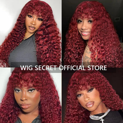 Curly Wig with Bangs Human Hair 99J Burgundy Water Wave Color Wigs Red wig with Bangs Colored 100% Brazilian Human Hair