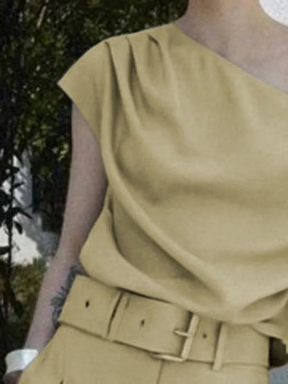 Beautyblue Turmeric Women's Tops One-Shoulder T-Shirts 2025 New Fashion Pleated Slanted Shoulders Sexy Loose Summer Tee Female