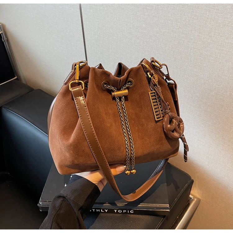 Women Vintage One Shoulder Bag Frosted Solid Drawstring Soft All-Match Bucket Bags High-Grade Versatile Commute Crossbody Packs