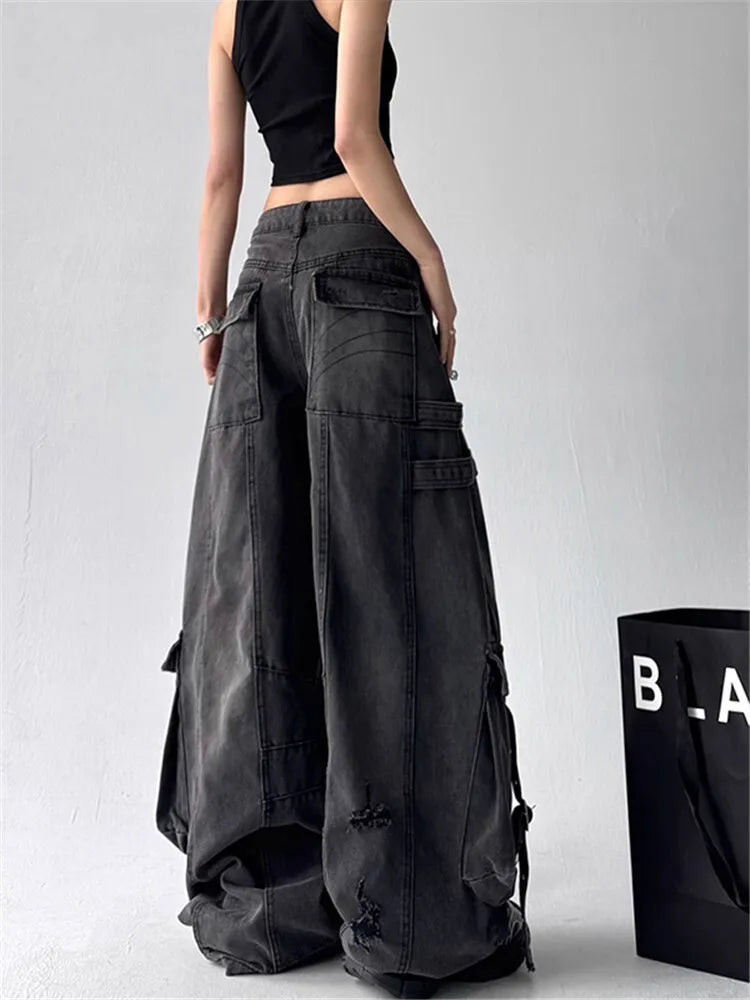 Women Jeans Design Deconstructes Drifting Strips Broken Holes Black Jeans For Women 2025 Spring New Multi Pocket Wide Leg Pants