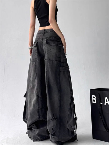 Women Jeans Design Deconstructes Drifting Strips Broken Holes Black Jeans For Women 2025 Spring New Multi Pocket Wide Leg Pants