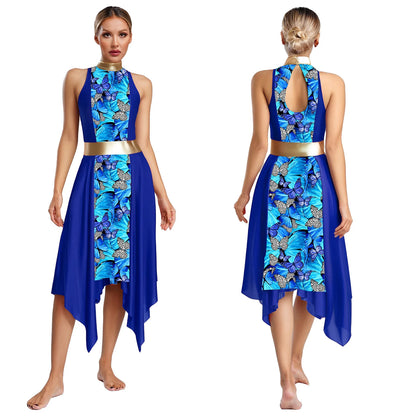 Women Modern Lyrical Dance Dress Church Choir Worship Praise Liturgical Costume Sleeveless Print Irregular Hem Gown Dancewear