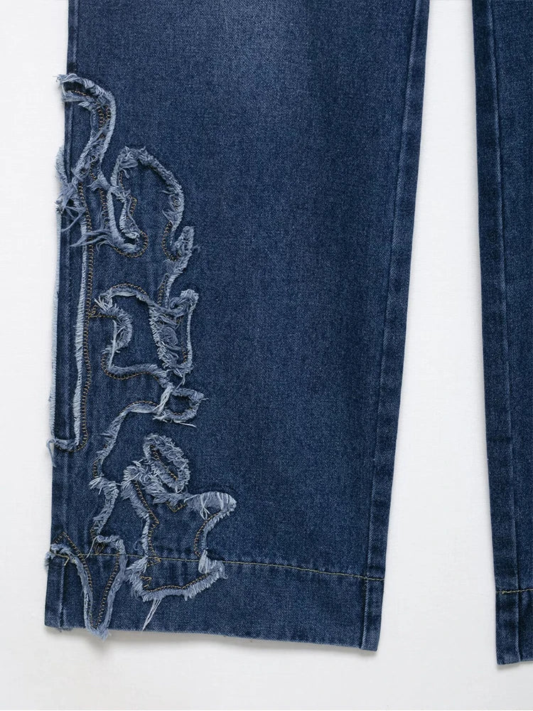 European style new women's fashion versatile temperament straight embroidered low waist jeans trousers