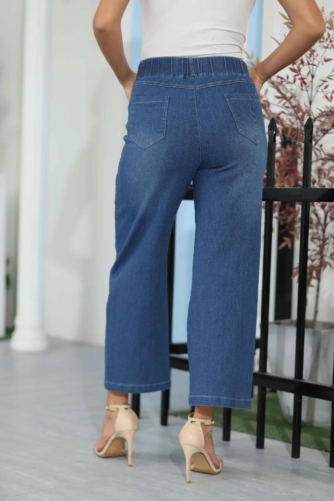 Women Seamed Front Wide Leg Jeans Elastic Waist Stretch Denim Flare Jeans High Waisted Jean Bell Bottom Cropped Pants pantalones