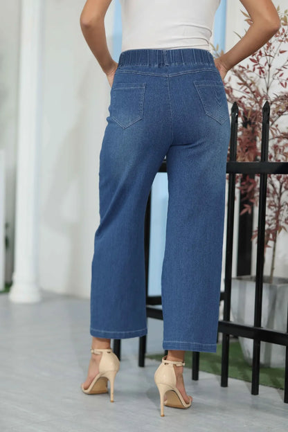 Women Seamed Front Wide Leg Jeans Elastic Waist Stretch Denim Flare Jeans High Waisted Jean Bell Bottom Cropped Pants pantalones