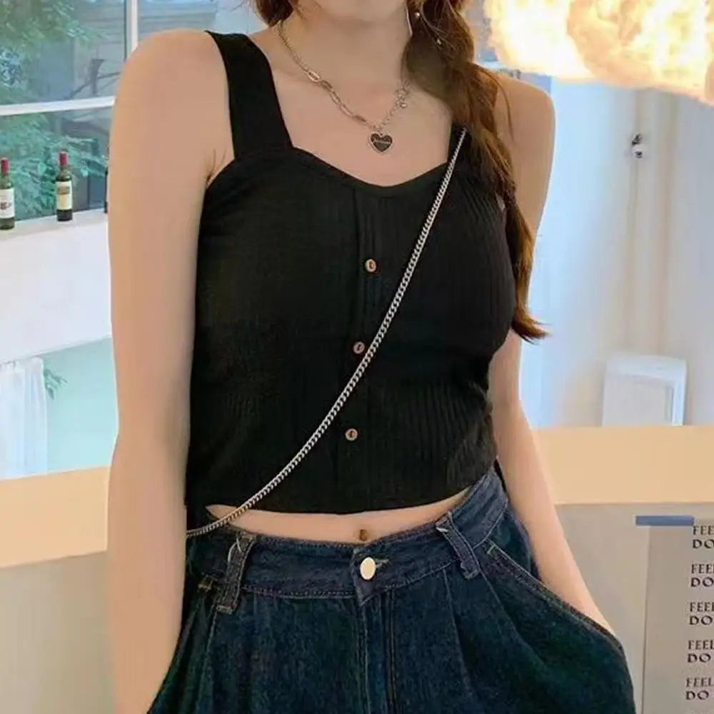 Woman's Top With Built In Bra Button Padded Bra Lady's Top Strap Vest Tank Top Summer Girls Cute Women Casual Female Camisole