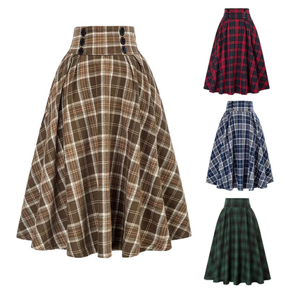 Women Skirt Skirt A Line Skirt Elegant High Waist Ladies Loose Dress Long Skirt Vintage Women Tartan Check Plaid