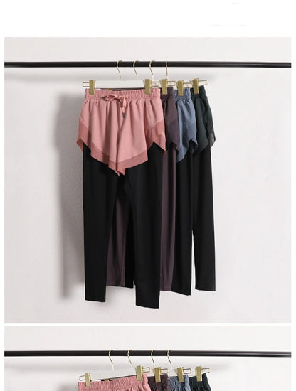 Stretch Autumn Sports Pants Women Two Pieces Fitness Yoga Pants and Shorts With Inner Phone Pocket 2 in 1 Yoga Pants