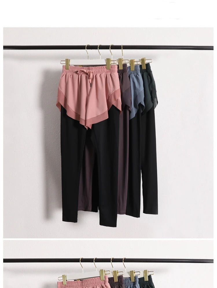 Stretch Autumn Sports Pants Women Two Pieces Fitness Yoga Pants and Shorts With Inner Phone Pocket 2 in 1 Yoga Pants