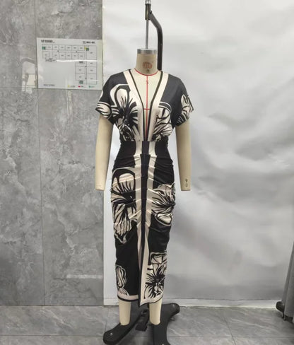 Women Elegant Dresses Temperament Commuting Floral Print V Neck Short Sleeve Ruched Dress Women's Casual Waist Slit Midi Dress