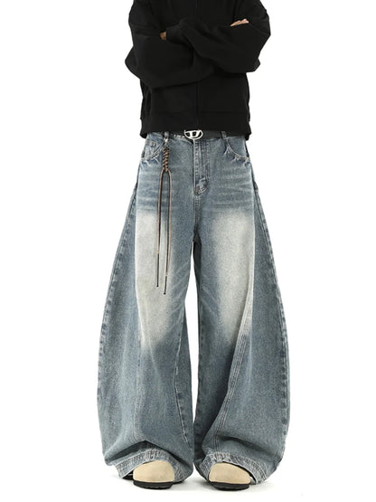 Women Blue Jeans Cargo Pants Streetwear High Waist American Wide Leg Pants Fashion Y2K Style Female Winter Straight Trousers