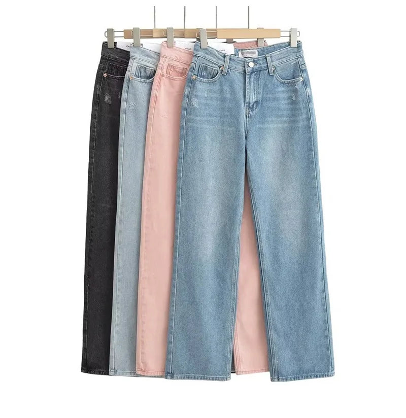 Blue Jeans Women High Waist 2025 Loose Casual Boyfriend Long Jeans For Work Ladies Simple Straight Leg Denim Pants For Women