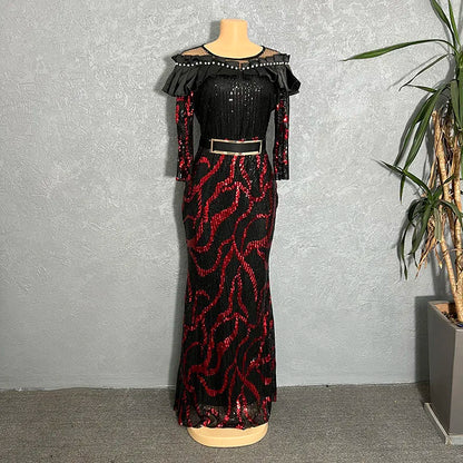 African Dresses For Women 2022 Lady Elegant Glittering Evening Dress Sparkle Sequin Sexy Sheath Maxi Party Gowns Come With Belt