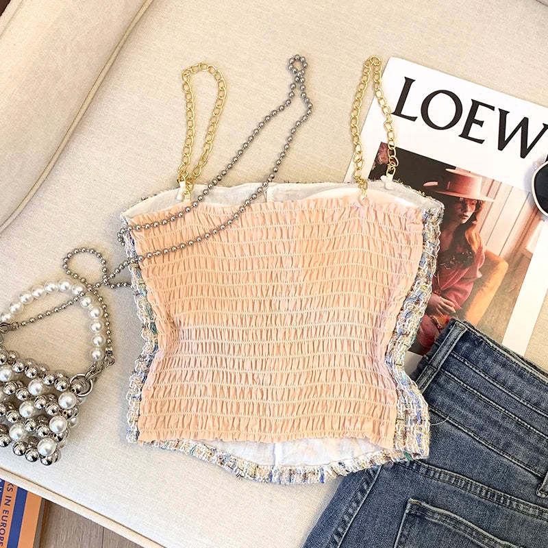 Women Summer Tweed Chain Chic Tank Tops Buttons Off Shoulder with Bra Pad Crop Tops Pleated Sexy Backless Sleeveless Sweet Camis