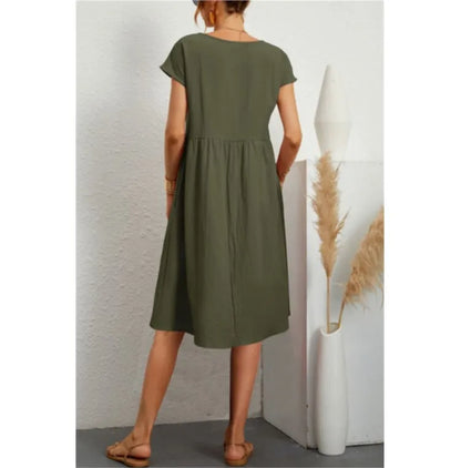 Women's Dresses 2025 Summer Fashion Casual Dresses Women Loose Mid Length Over Knee Dress New Short Sleeve Solid Dress Woman