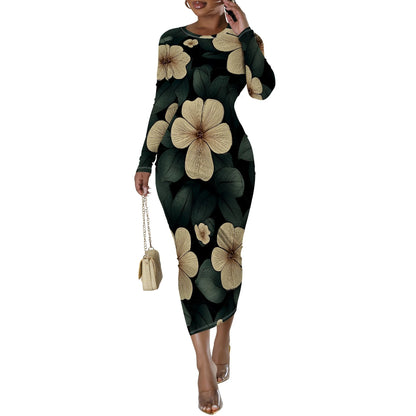 Date Night Dresses for Women Floral Print Crewneck Long Sleeve Stretchy Fitted Bodycon Maxi Dress