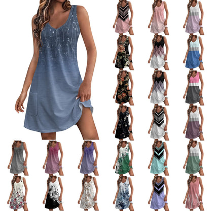 Dresses For Women 2024 Fashion Women'S Casual Print Summer Bohemian Beach Dress With Pockets V Neck Tank Dress Formal Dresses