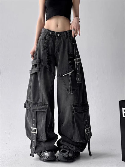 Women Jeans Design Deconstructes Drifting Strips Broken Holes Black Jeans For Women 2025 Spring New Multi Pocket Wide Leg Pants