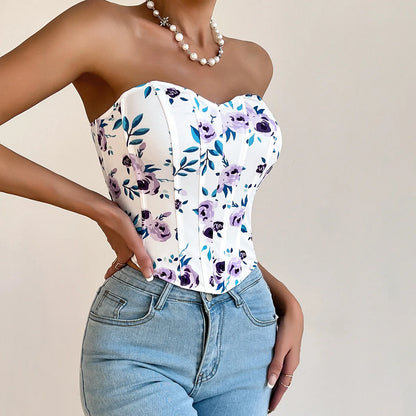 Women Floral Top Sexy Spicy Girl Tank Top Low cut Open Back Flower Wrapped Chest Diamond Fish Bone Strap Waist Vest Tank Top