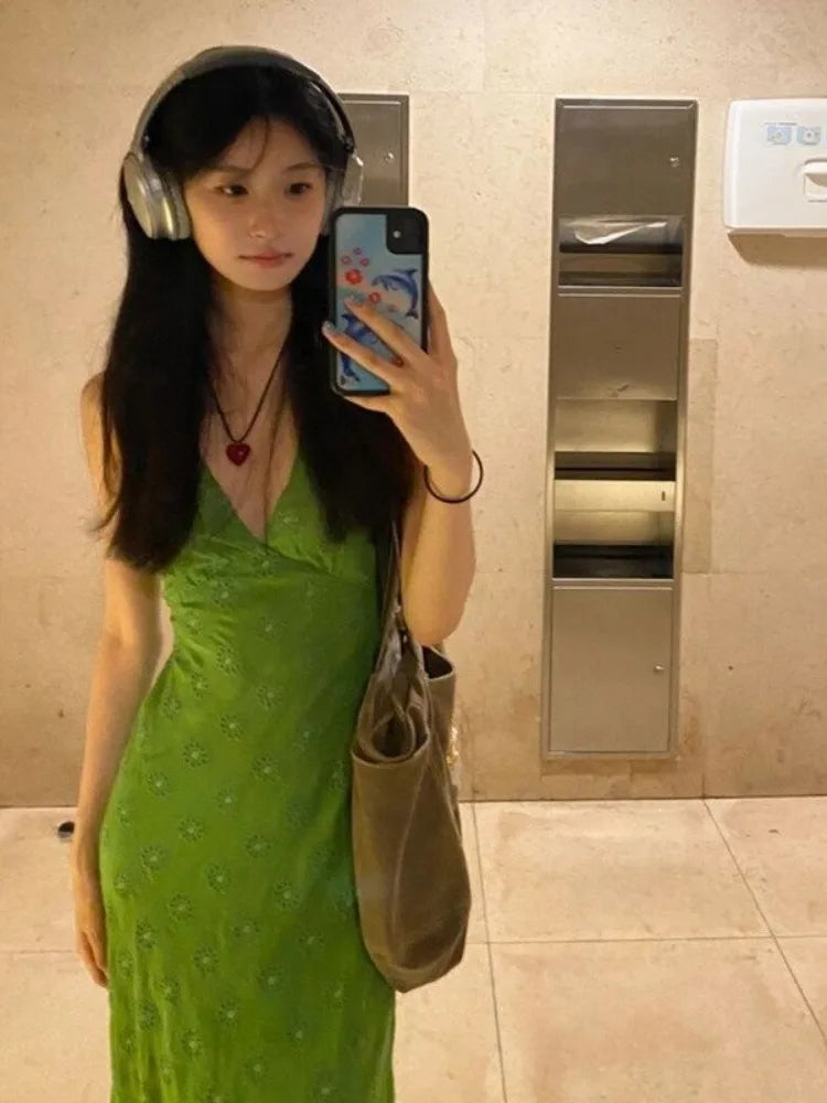 Elegant Green Print Dresses for Women V-neck Sleeveless Vintage Robe Femme 2025 Vestidos De Mujer Slim Waist Sexy Summer Dress