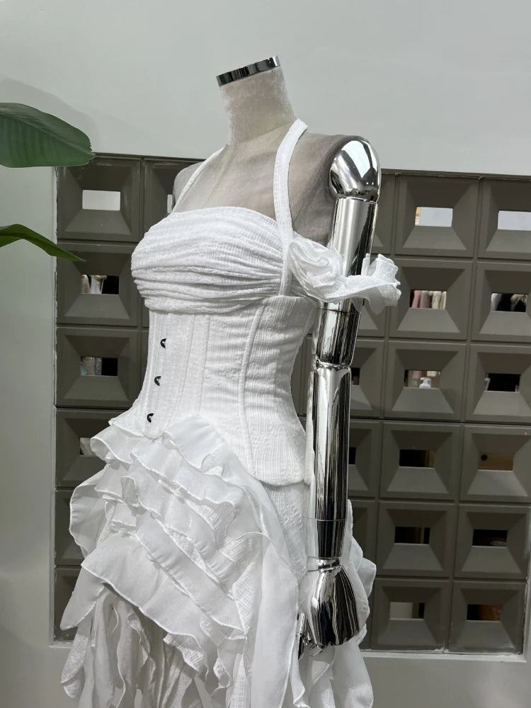 Women Ruffles Draped Dress Three Piece Sets Sexy Halter Neck Folds Ruffled Dress+Lace-up Corset Top+Shorts Suits Party Cocktail