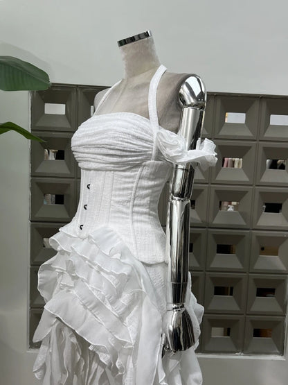 Women Ruffles Draped Dress Three Piece Sets Sexy Halter Neck Folds Ruffled Dress+Lace-up Corset Top+Shorts Suits Party Cocktail