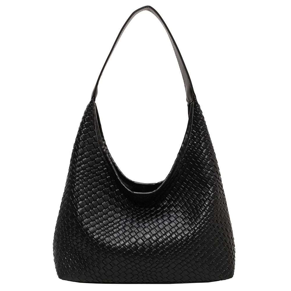 Women Large Shoulder Bag with Pouch Top Handle Bag Trendy PU Woven Tote Bag Leather Armpit Handbag Commuting Bag
