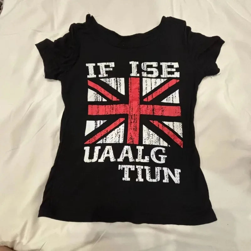 Women Crop Tops for Women Short-sleeved Y2k Vintage T Shirts 2024 Summer Streetwear Casual Black Grunge Letter Print Tees