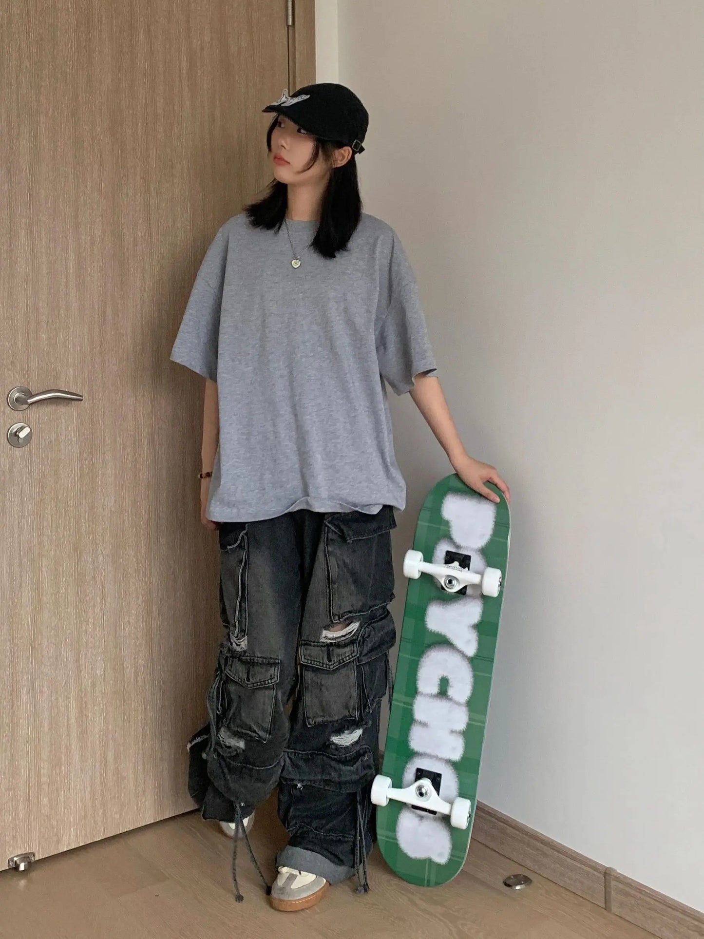 Women Jeans Pants Y2K High Street Heavy Washed Black Perforated Workwear Jeans For Women's Autumn And Winter Multi Pocket